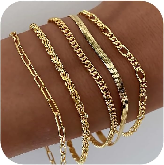DEARMAY Gold Bracelets for Women Waterproof, 14K Real Gold Jewelry Sets Trendy Thin Dainty Stackable Cuban Link Paperclip Chain Bracelet Pack Fashion Accessories Gifts for Womens