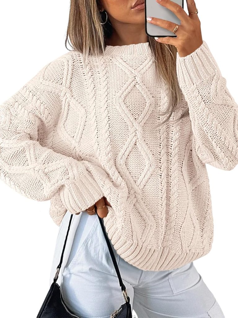 Trendy Queen Women’s Oversized Cable Knit Crewneck Sweaters